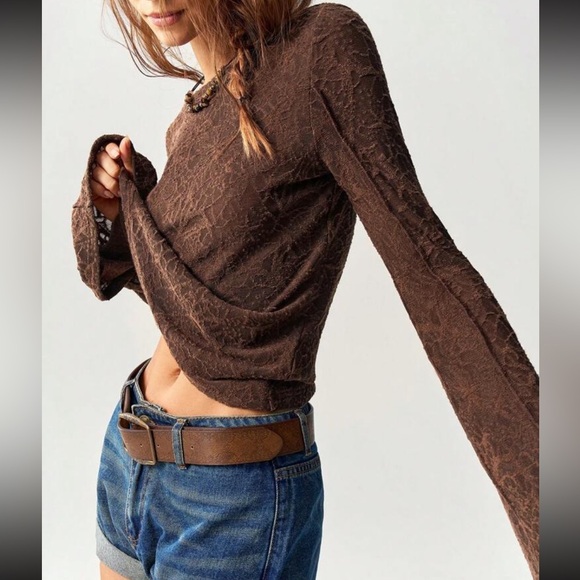 Boho brown lace patchwork bell sleeve top - Picture 3 of 16